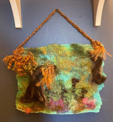 Completed first wet felt with added needle felted trees