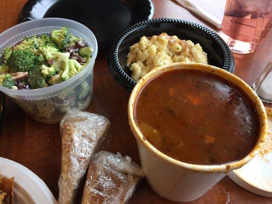 Broccoli slaw, beef vegetable soup, mac and cheese, focaccia wedges