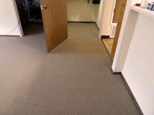 Closet looks like the carpet is all one piece instead of being seamed together.  Notice new rubber transition bar from carpet to Linoleum.