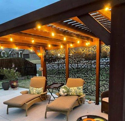 pergolas with custom privacy screen, usb outlets