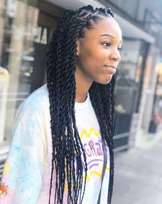 Size: Medium 
Style: Senegalese twist
Length: Mid Back 
Time: 2.5-3 hr.