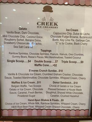 Menu showing flavors and prices