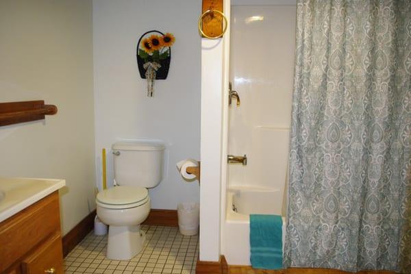 One of two full bathrooms in the three bedroom suite.