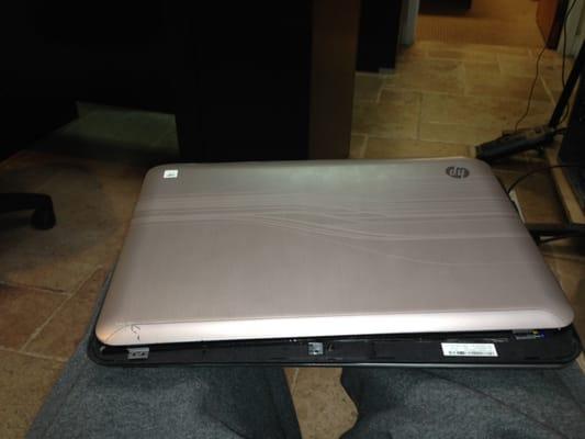 Laptop as handed to me on 1/4/14, 30-days after receiving a quote, with screen and bezel unattached from top cover.