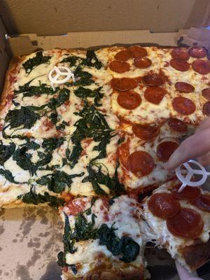 Sicilian pizza crust w/half pepperoni and half spinach