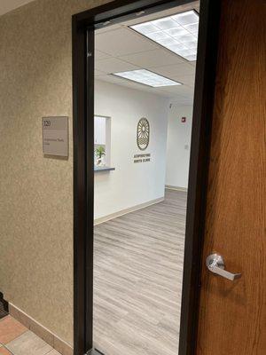 Front entrance of Suite 120 of the 191 Waukegan Road building.  Ground floor medical suite next to the elevators.  Free parking front & back