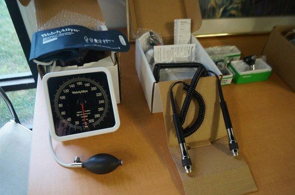 Blood pressure machines, otoscopes, opthalmascopes and items needed to outfit a doctors exam room. Order 858-263-4894.