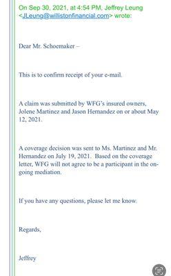 Email from vice president of WFG denying part in mediation. Refer back to their bogus denial claim I was sent