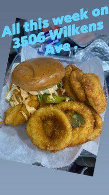 Swai fish sandwich and onion rings