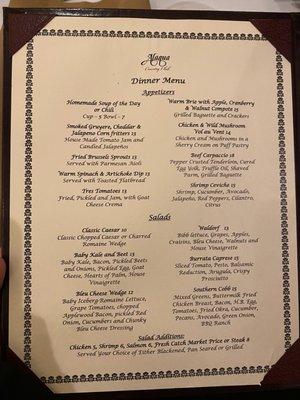 Dinner menu