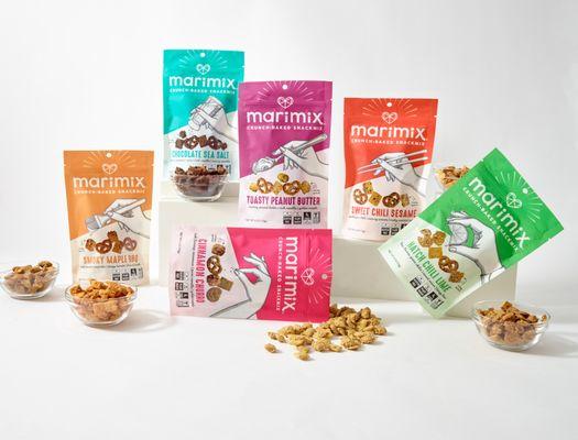 Marimix Crunch-Baked Snackmix line with visible product in bowls.