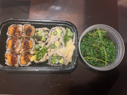 Sweet potato sushi and garden veggie maki sushi and seaweed salad