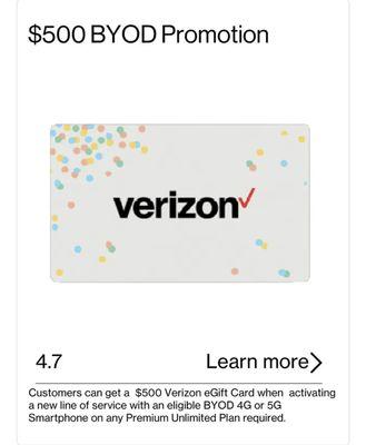 Customers who move out to Verizon can get up to $500 E-gift Card.