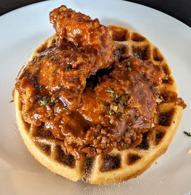 Nashville Chicken and Waffle! Ridiculously amazing. Perfect seasoning, chicken was great quality, cooked to perfection.