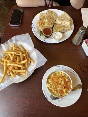 Mac and Cheese (kids Mac) Fries, Quesadillas.