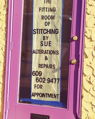 Little purple door to stitching by Sue's new fitting room