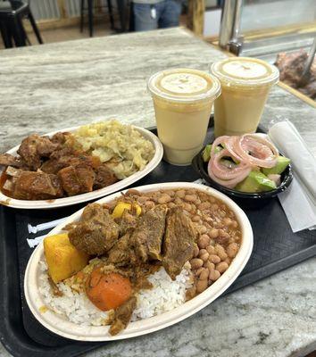 Beef stew Dinner and Goat Dinner. Parcha con Avena juices and avocado