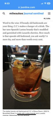 The Journal Sentinel likes CC's fish fry & Signature Brandy Old Fashioned!!