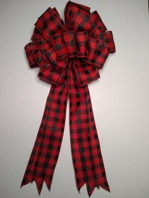 2.5 "round plaid black and red bow with double tail size 14" W x 24" L  check out www.ssbasketsonline.com