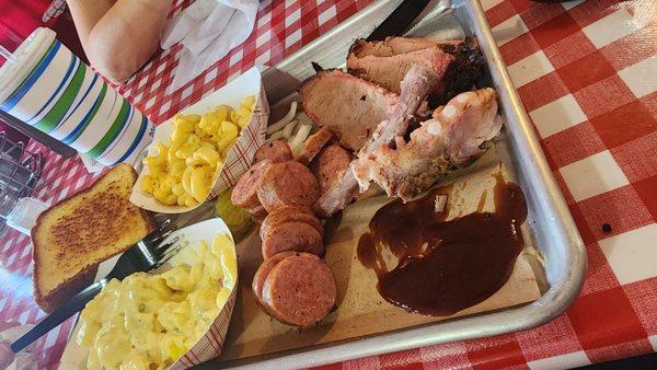 Ribs, sausage, and brisket.