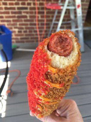 Inside the hot Cheeto dog. Spicy and good.