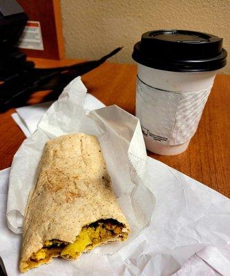 Vegan breakfast burrito and oatmilk mocha