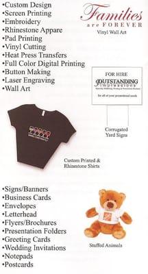 Specialty Marketing Services:  Custom design, Screen printing, Embroidery, Rhinestone apparel, Pad printing, Vinyl cutting, Heat