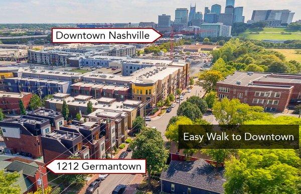 Aerial view from 1212 Germantown to downtown Nashville