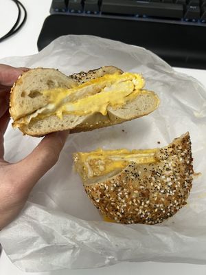 Egg and cheese sandwich on everything bagel