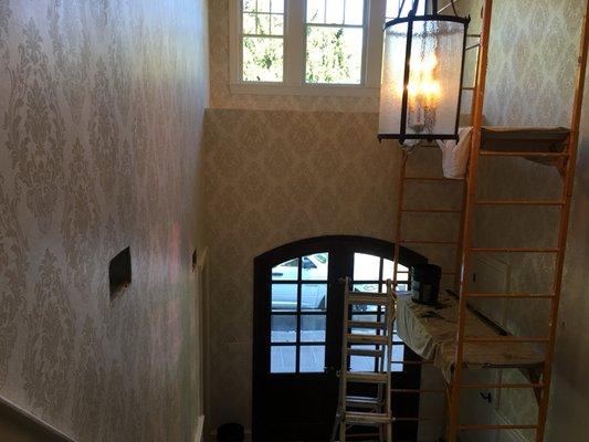 18ft High front entry foyer wallpaper installation