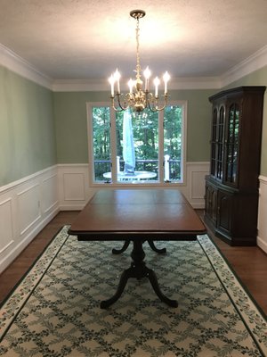 Crown molding, baseboard, and shadowboxes.