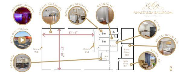 Open Floor Plan of our stunning 3400 sq. ft event space with bar / tasting area, catering kitchen, and private rental rooms highlighted.