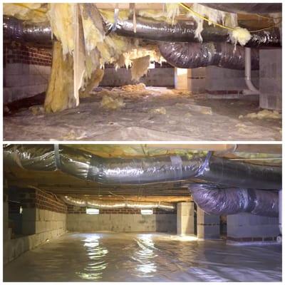 We replaced the vapor barrier, which should cover 100% of the soil, and replaced any damaged floor insulation.