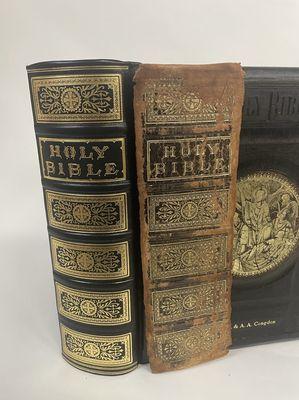 1860 Family Bible rebound with a new spine and salvaging original cover boards. New silk endsheets.