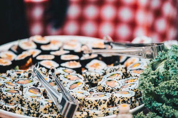 Sushi platter at outdoor buffet