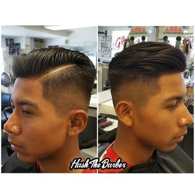 1 fade with a hardline, long top, lined up, and blow dried.