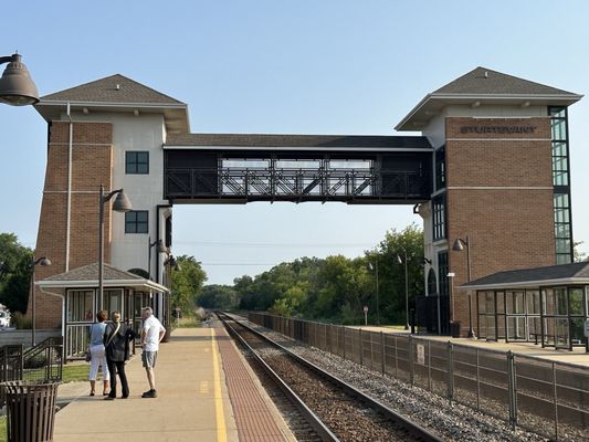 Platform. Elevator and stair tower, up and over to get to track 1