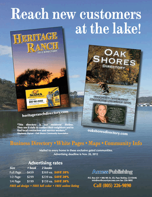 Advertising information for Access Publishing's Heritage Ranch Directory and Oak Shores Directory.