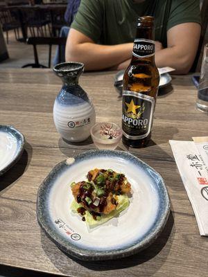 Fried Oyster (generously offered on the house) with house sake (cold) and beer.