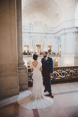 My beaded wedding dress, hand-hemmed by Adriana.