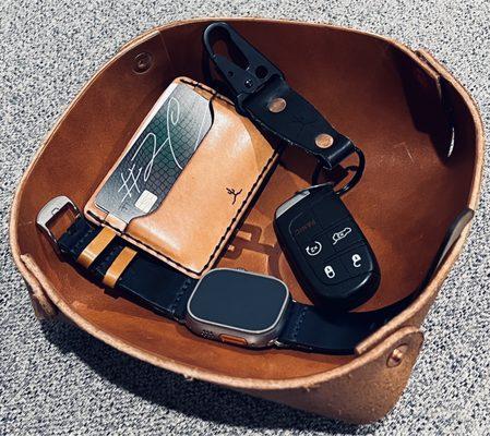 Slim Wallet, Gorilla keychain, Driftwoog Apple Watch Strap, and leather catch-all.