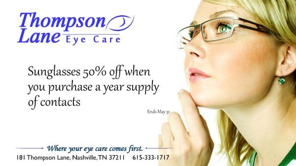 Sunglasses 50% off when you purchase a year supply of contacts.