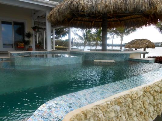 Glass mosaic on pool and jacuzzi