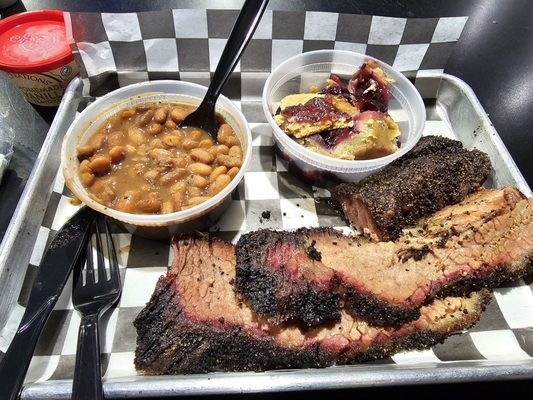 1/2 lb. brisket, beans, blackberry cobbler.