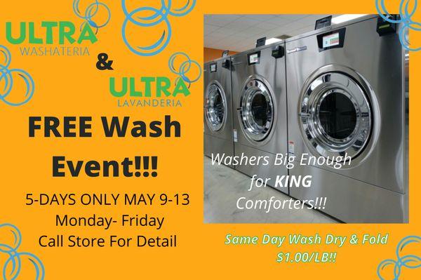 FREE WASH ALL WEEK LONG!
May 9-13. All Size washers!! All week long
FREE FREE FREE.