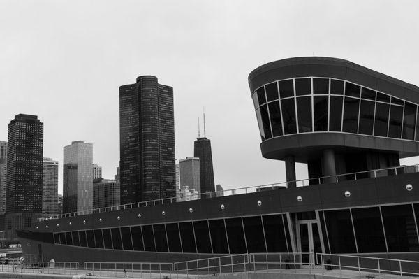 Lock building and skyline in black and white