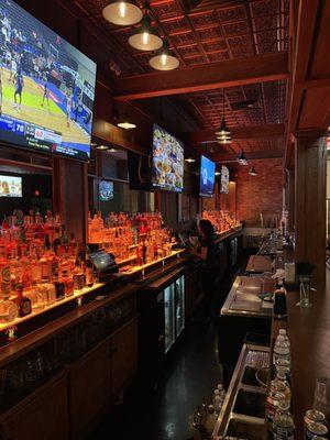 Long Bar of Spirits and Big TVs