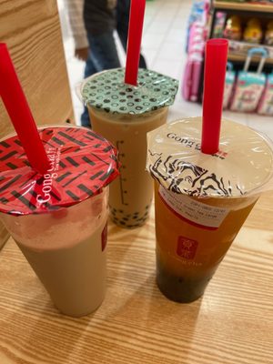 Oolong Milk tea, Pearl Milk Tea, Passionfruit Green Tea with Pearls