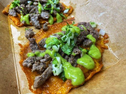 Seared cheese carne asada tacos