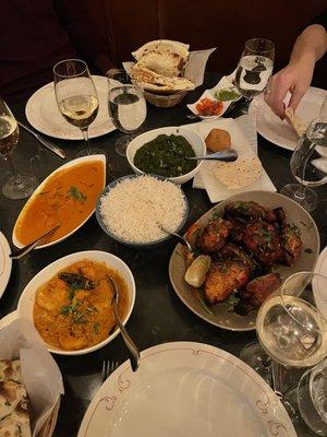 Palak Paneer, Samosas, Tandoor Chicken, Shrimp Curry, and Chicken Tikka Masala (starting at the top and going clockwise)